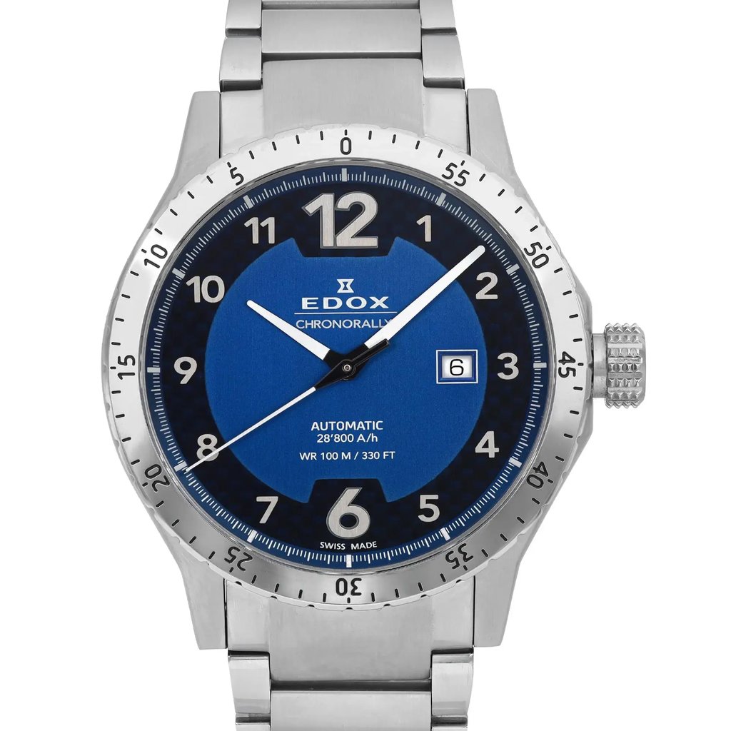 An image of a wristwatch taken from a front close-up angle, showcasing the watch face. The watch features a stainless steel band and a round dial with a blue and black face. The numerals are prominently displayed, with a date window at the 3 o'clock position. The watch has a silver bezel with minute markers and a textured crown on the right side. The overall condition is noted as a display model.