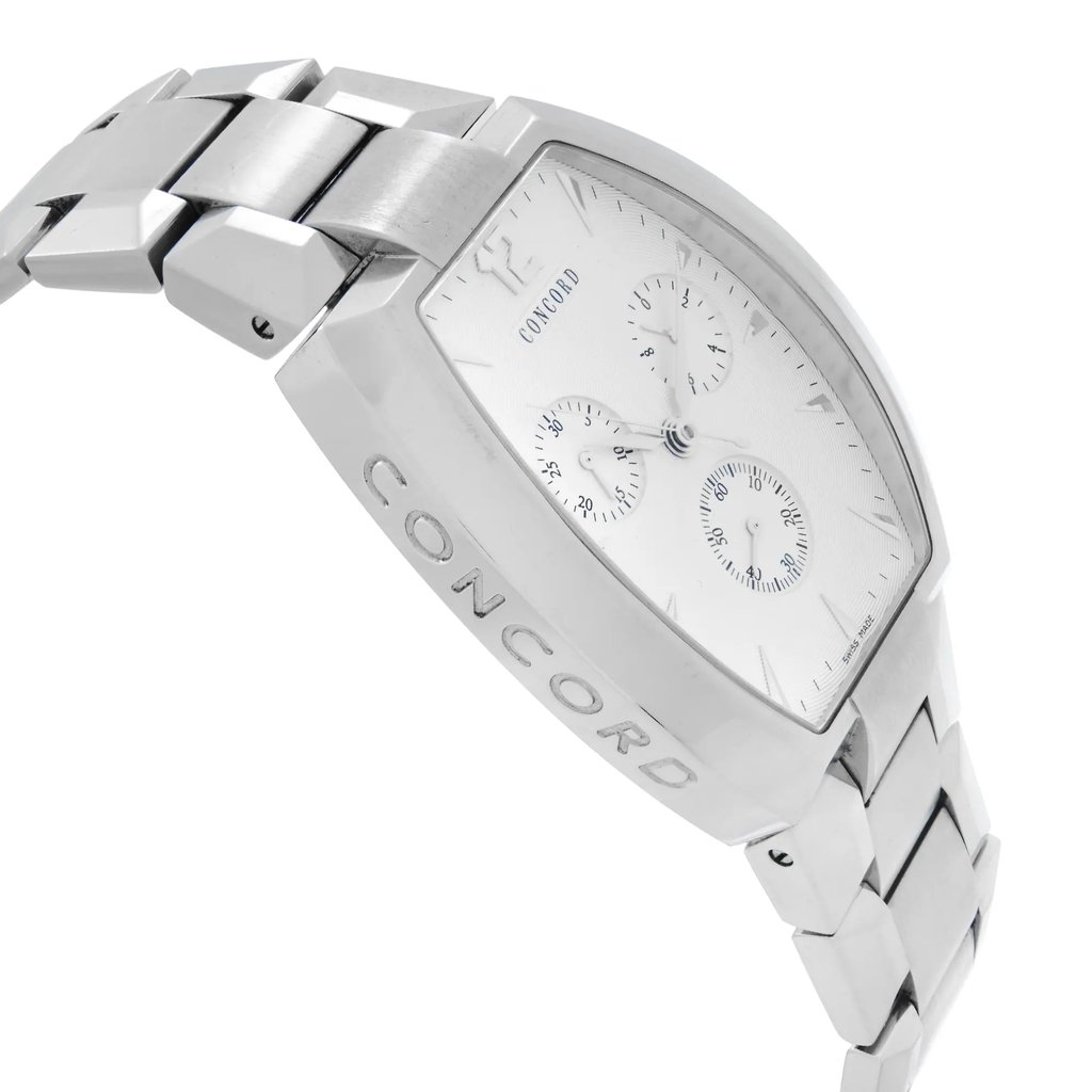 An image of a pre-owned wristwatch viewed from a side profile angle, showing the opposite side of the crown. The watch features a silver metallic bracelet and a rectangular case with a white dial. The brand name "CONCORD" is engraved on the side of the case. The image is captured at a close distance, highlighting the watch's sleek design and detailing.