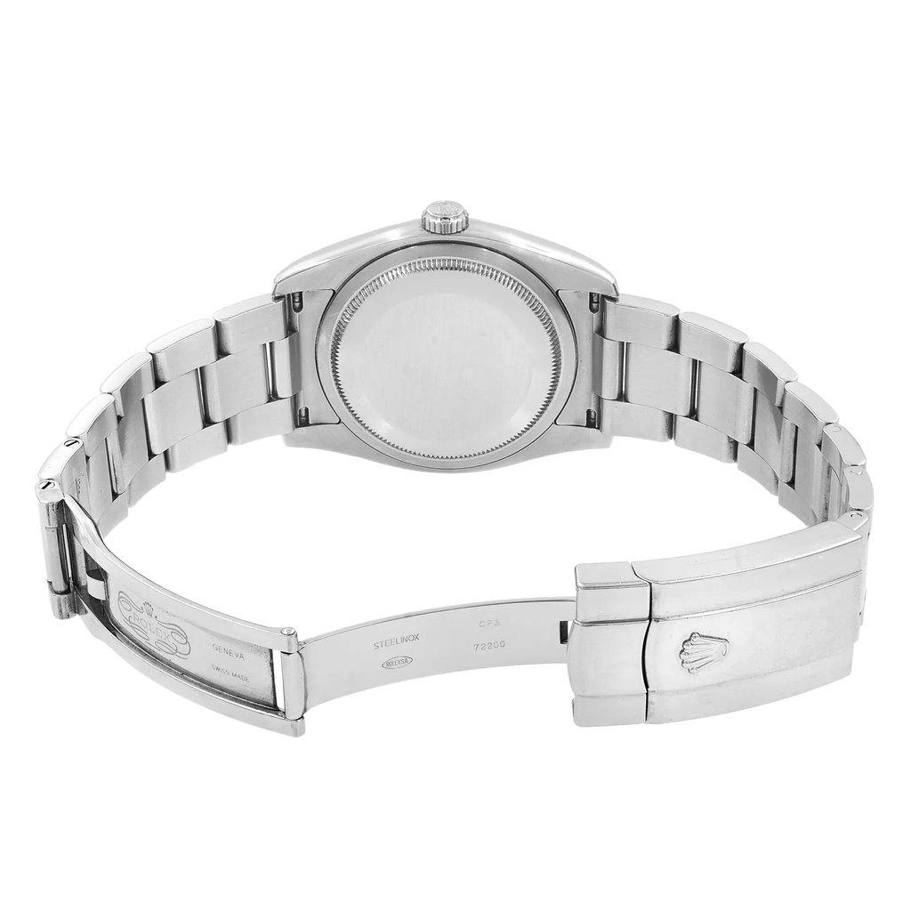 Back View Of Solid Back Case And Open Stainless Steel Band Of Rolex 116200 Watch Pre Owned Condition