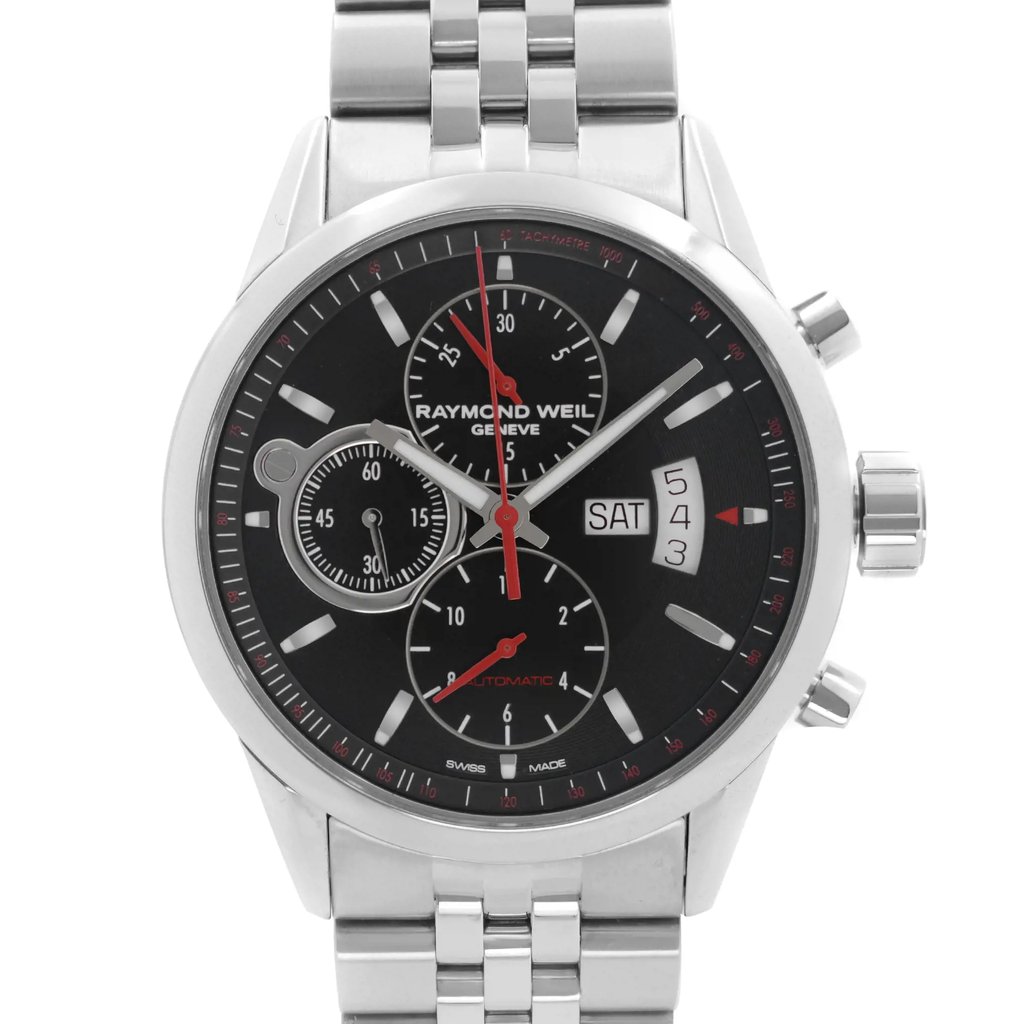 An image of a Wristwatch by RAYMOND WEIL. This Pre Owned item is designed for Men, featuring a Dress/Formal style. It has a Mechanical (Automatic) movement and an Analog display with a Black dial color. The indices include 12-Hour Dial,Multi Dial,Non-Numeric Hour Marks,Stick Indexes. The band is made of Stainless Steel and the case is made of Stainless Steel. The watch has a Round shape with a case size of 42 mm and a case thickness of 14 mm.