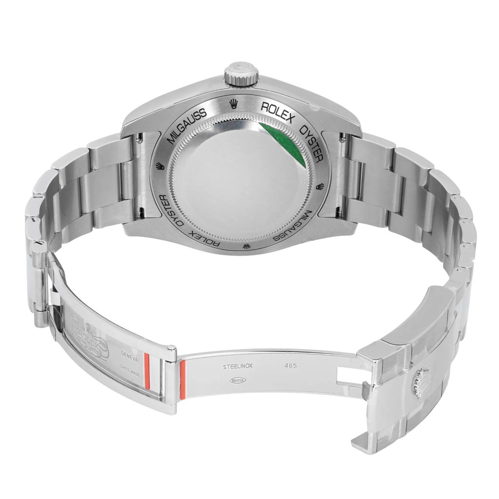 Back View Of Solid Back Case And Open Stainless Steel Band Of Rolex 116400GV Watch Unworn Condition