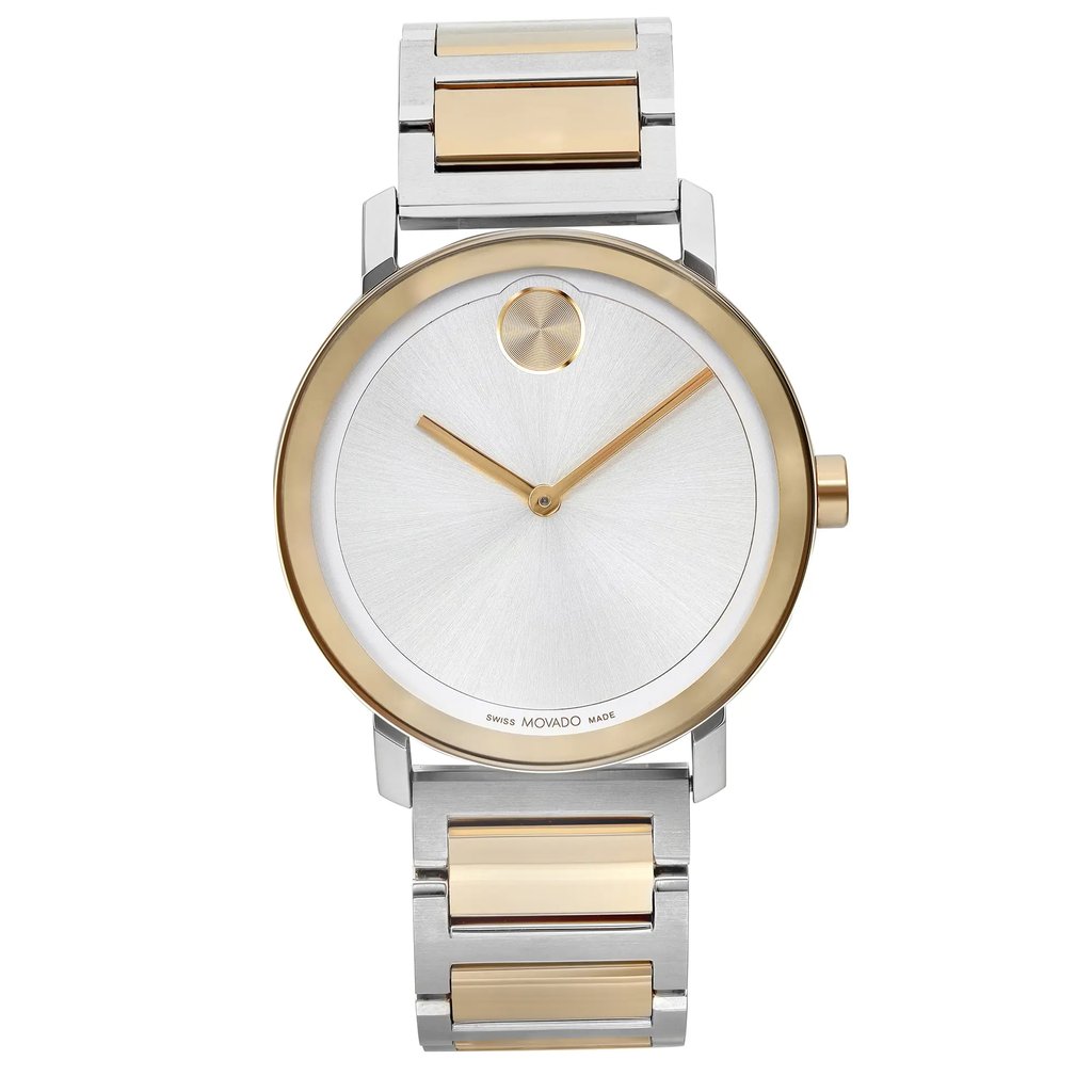 An image of a pre-owned wristwatch taken from a front full frontal view. The watch features a round dial with a minimalist design, surrounded by a gold-toned bezel. The hour and minute hands are sleek and gold in color. The bracelet is a combination of gold and silver links, providing a sophisticated look. The watch face is clean and elegant, showcasing its refined craftsmanship.
