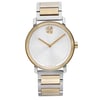 An image of a pre-owned wristwatch taken from a front full frontal view. The watch features a round dial with a minimalist design, surrounded by a gold-toned bezel. The hour and minute hands are sleek and gold in color. The bracelet is a combination of gold and silver links, providing a sophisticated look. The watch face is clean and elegant, showcasing its refined craftsmanship.