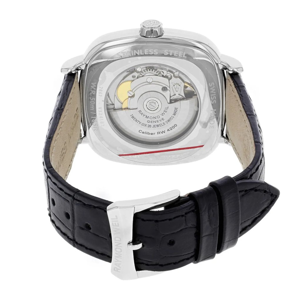 Back View Of {Caseback} Back Case And Closed Leather Band Of RAYMOND WEIL 2867-STC-00659 Watch Display Model Condition
