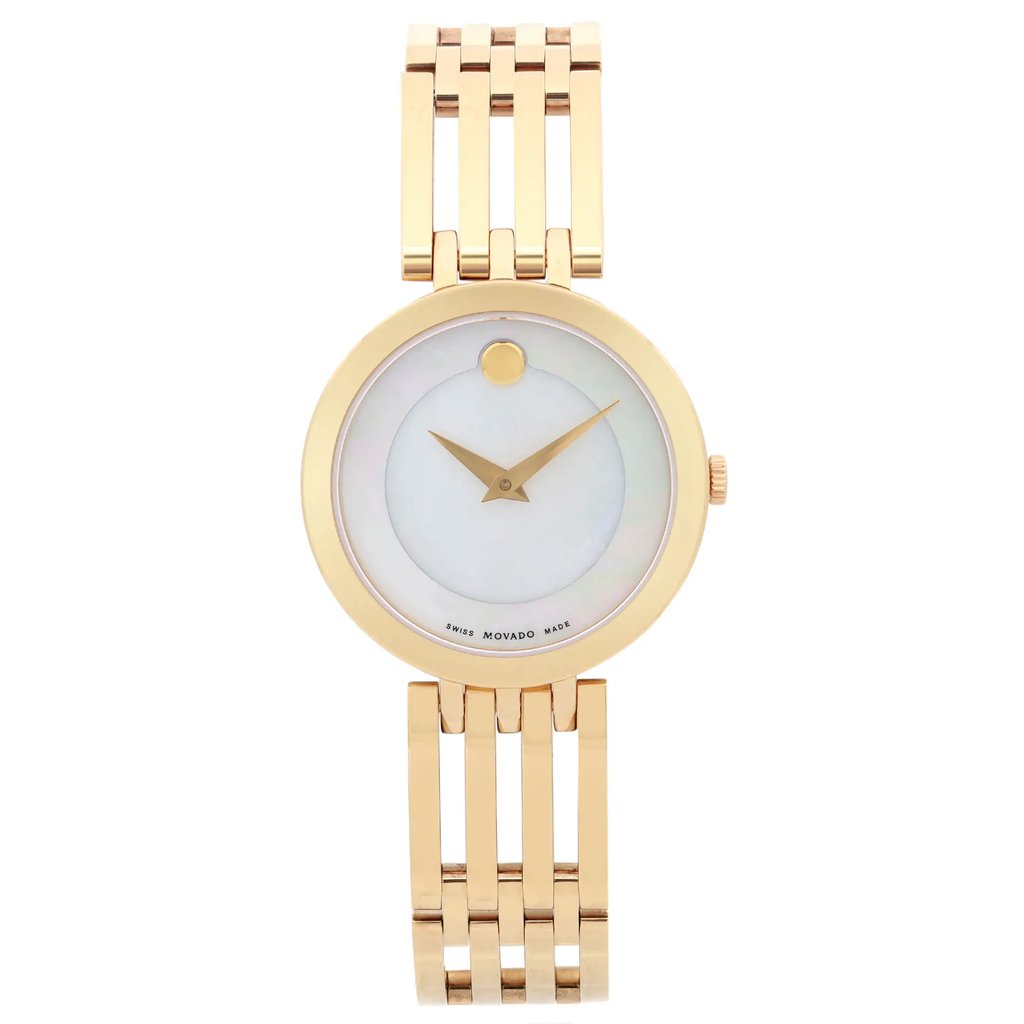 An image of a pre-owned wristwatch taken from a front full-frontal view. The watch features a round, gold-toned case with a minimalist white dial and gold hands. A single dot is positioned at the 12 o'clock mark. The watch has a gold-toned metal link bracelet, shown clearly from a direct angle, emphasizing its polished finish. The photograph captures the watch at a close distance, highlighting its elegant design.