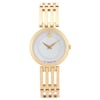 An image of a pre-owned wristwatch taken from a front full-frontal view. The watch features a round, gold-toned case with a minimalist white dial and gold hands. A single dot is positioned at the 12 o'clock mark. The watch has a gold-toned metal link bracelet, shown clearly from a direct angle, emphasizing its polished finish. The photograph captures the watch at a close distance, highlighting its elegant design.
