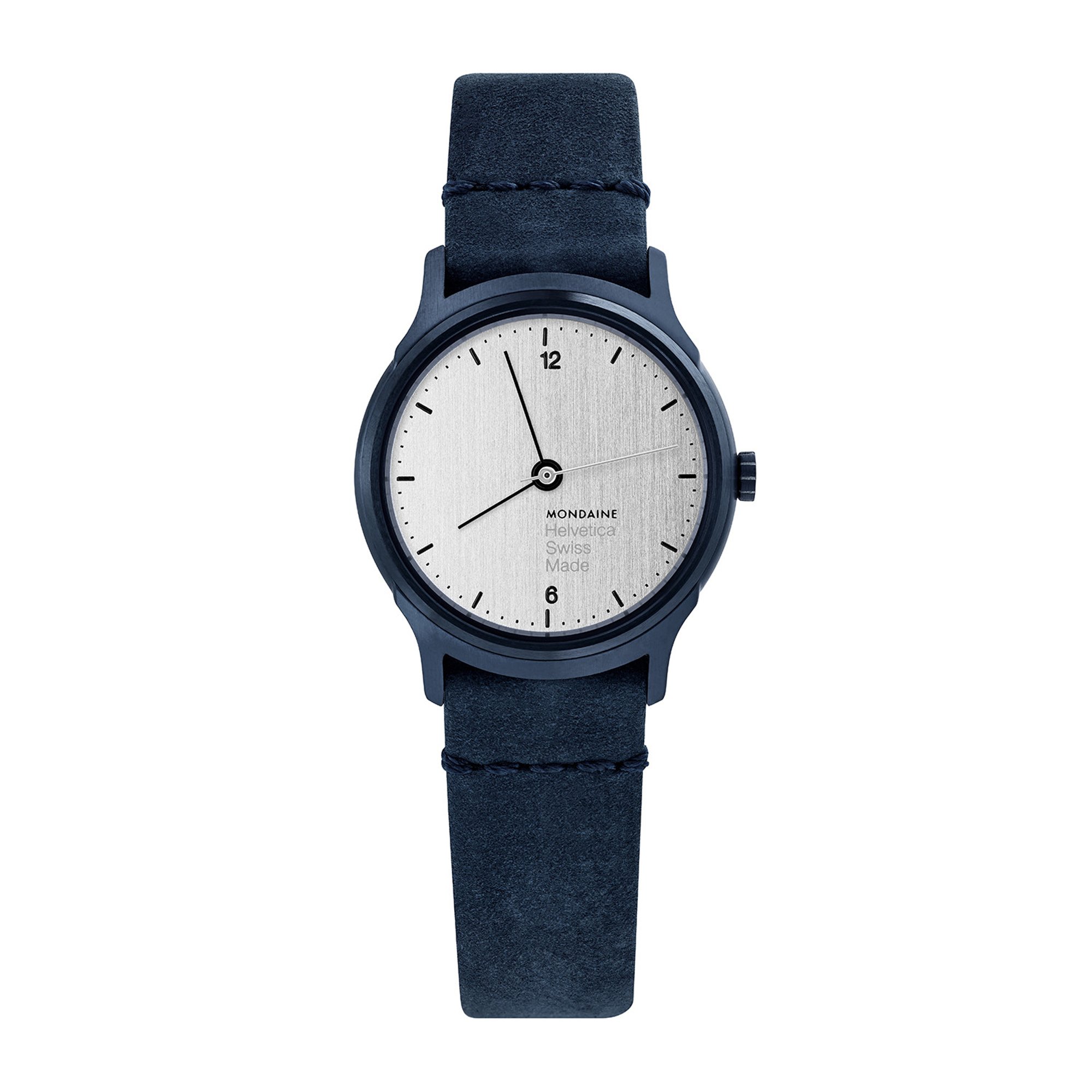 An image of a Wristwatch by Mondaine. This Display Model item is designed for Women, featuring a Casual style. It has a Quartz movement and an Analog display with a Silver dial color. The indices include 12-Hour Dial,Arabic Numerals,Stick Indexes. The band is made of Leather and the case is made of Stainless Steel. The watch has a Round shape with a case size of 26 mm and a case thickness of 6 mm.