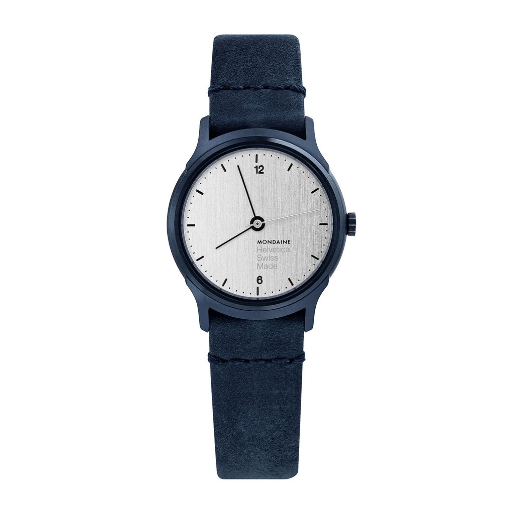 An image of a Wristwatch by Mondaine. This Display Model item is designed for Women, featuring a Casual style. It has a Quartz movement and an Analog display with a Silver dial color. The indices include 12-Hour Dial,Arabic Numerals,Stick Indexes. The band is made of Leather and the case is made of Stainless Steel. The watch has a Round shape with a case size of 26 mm and a case thickness of 6 mm.