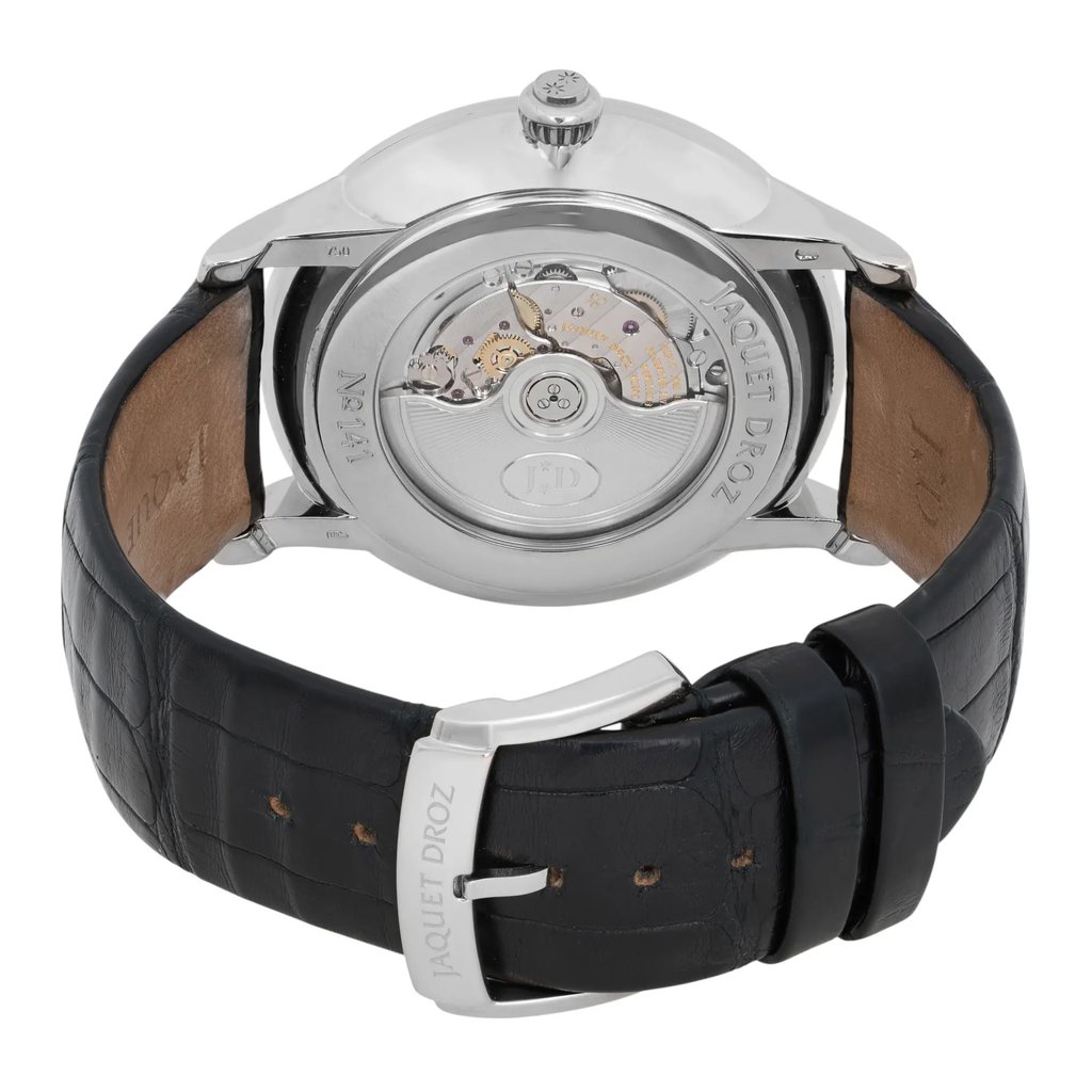 Back View Of Snap Back Case And Closed Leather Band Of Jaquet Droz J003034203 Watch Pre Owned Condition