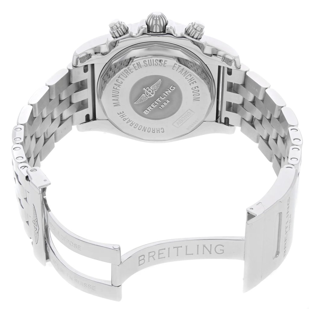 Back View Of Screwback Back Case And Open Stainless Steel Band Of Breitling AB011012/G684-375A Watch Display Model Condition