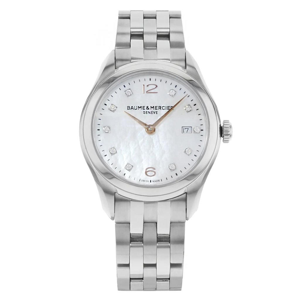 Front Full View Of Baume & Mercier MOA10176 Stainless Steel Watch Pre Owned Condition {Product Condition}