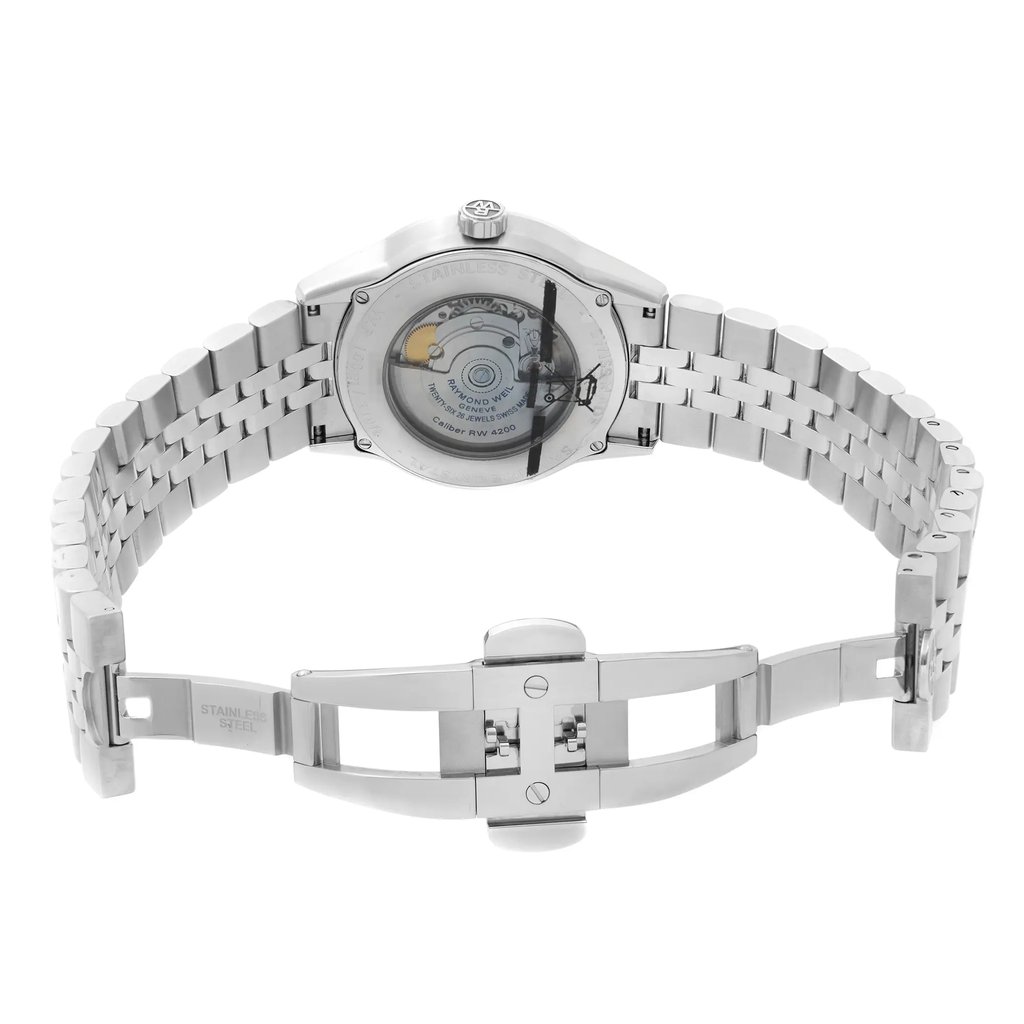 Back View Of Exhibition Back Case And Open Stainless Steel Band Of RAYMOND WEIL 2770-ST-20011 Watch Display Model Condition