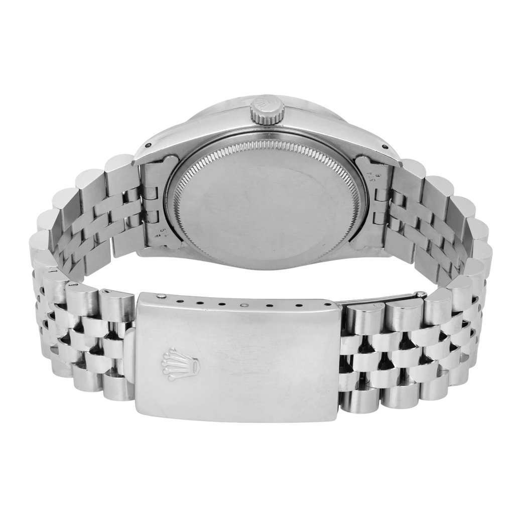 An image of a pre-owned Rolex wristwatch, positioned to show the back and clasp of the bracelet. The watch is angled slightly upwards, capturing the full view of the stainless steel bracelet and the embossed logo on the clasp. The distance is close-up, highlighting the details of the watch's back and bracelet links.