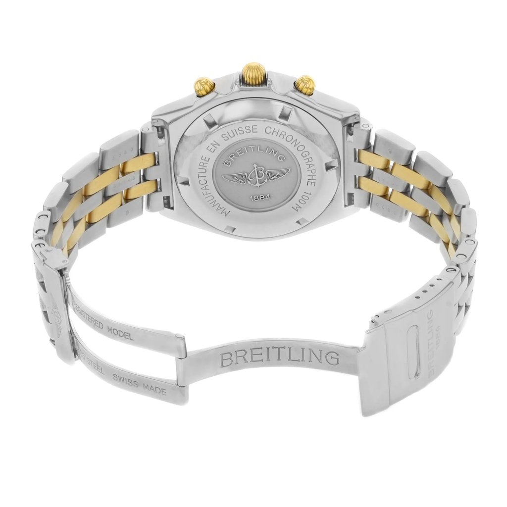 Back View Of {Caseback} Back Case And Open Stainless and Solid Gold Band Of Breitling B13055 Watch Pre Owned Condition