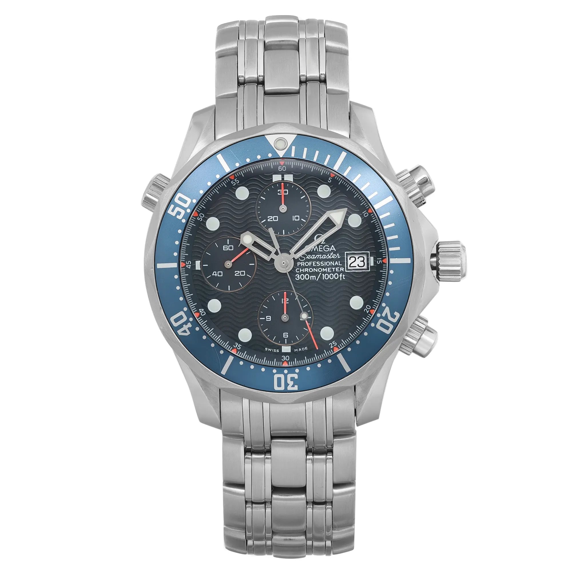 An image of a pre-owned OMEGA men's wristwatch in good condition, displayed in a full frontal view. The watch features a round shape with a blue ocean wave pattern dial and non-numeric hour marks with round indexes. It has a blue and gray bezel and is fitted with a stainless steel band. The watch case is also made of stainless steel. The watch is positioned frontally, with the face and band centered in the image, providing a clear and direct view of the design and condition. There are minor scratches and nicks on the bezel insert. The watch shows light signs of wear or scratches. 