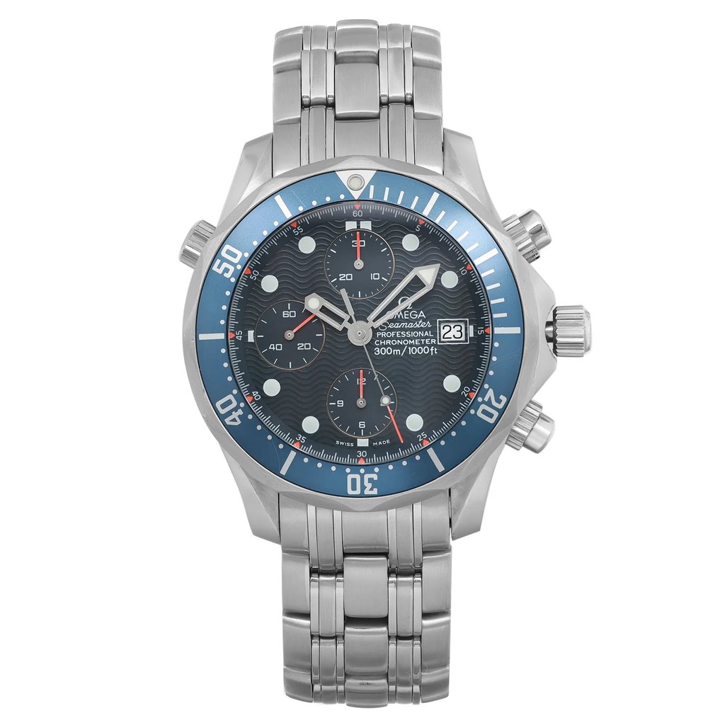 An image of a pre-owned OMEGA men's wristwatch in good condition, displayed in a full frontal view. The watch features a round shape with a blue ocean wave pattern dial and non-numeric hour marks with round indexes. It has a blue and gray bezel and is fitted with a stainless steel band. The watch case is also made of stainless steel. The watch is positioned frontally, with the face and band centered in the image, providing a clear and direct view of the design and condition. There are minor scratches and nicks on the bezel insert. The watch shows light signs of wear or scratches. 
