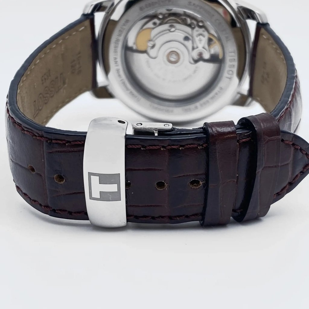 Back View Of Exhibition Back Case And Closed Leather Band Of Tissot T065.430.16.031.00 Watch Pre Owned Condition
