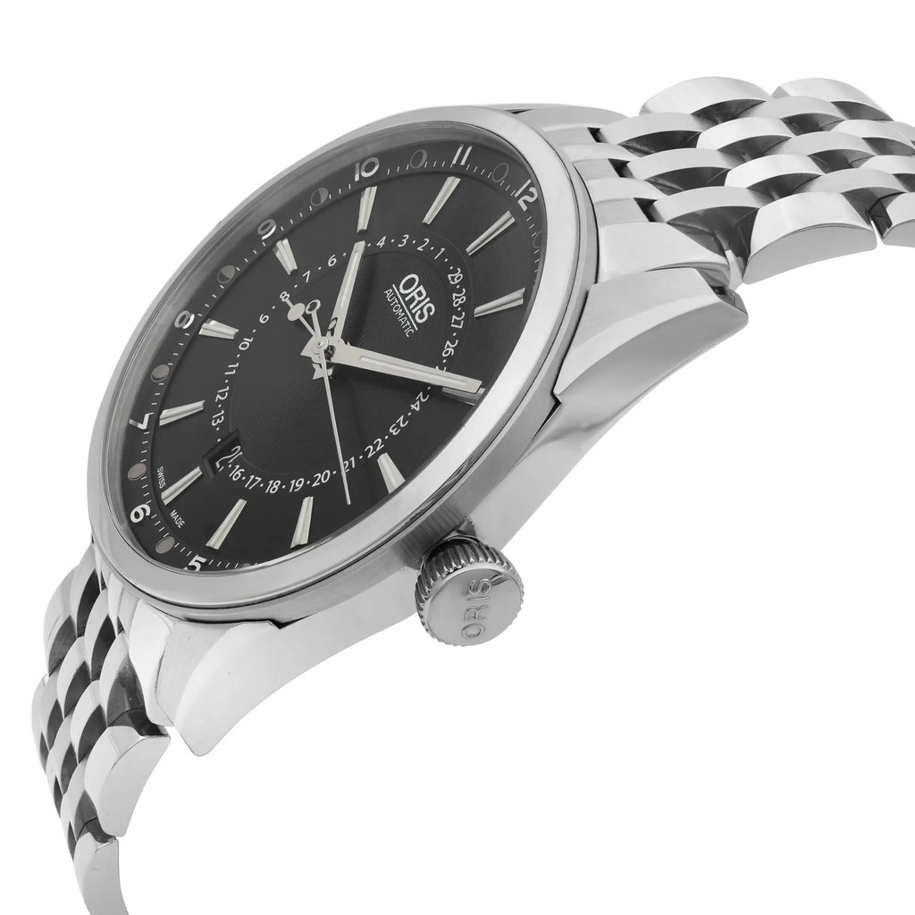 An image of a wristwatch taken from a side profile view, showcasing the crown prominently. The watch features a sleek, stainless steel body and a dark dial with clearly visible hour markers and hands. The metal bracelet is partially visible, displaying its polished links. The perspective highlights the watch's elegant design and craftsmanship, set against a plain background.