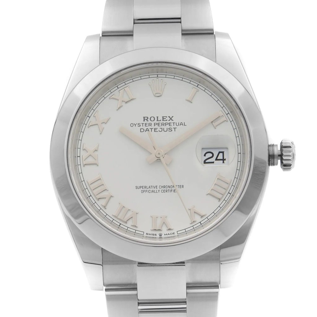 An image of a wristwatch shown from a front close-up angle, highlighting the watch face. The watch is unworn and features a sleek design with Roman numerals and a date display. The metallic bezel and bracelet add a refined touch to its appearance.
