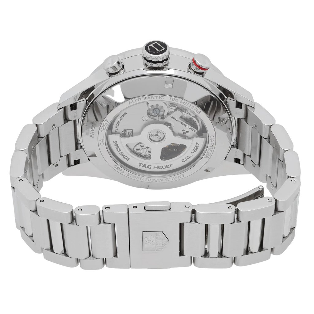 Back View Of Exhibition Back Case And Closed Stainless Steel Band Of TAG Heuer CAR2A11.BA0799 Watch Pre Owned Condition