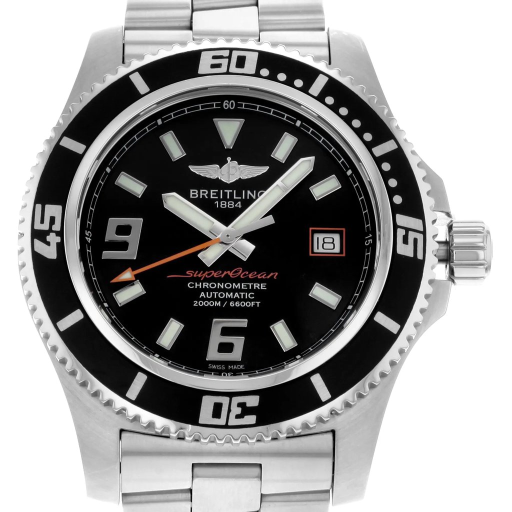Up Close Front Facing Picture Of Breitling A1739102/BA80-162A Stainless Steel Watch Display Model Condition