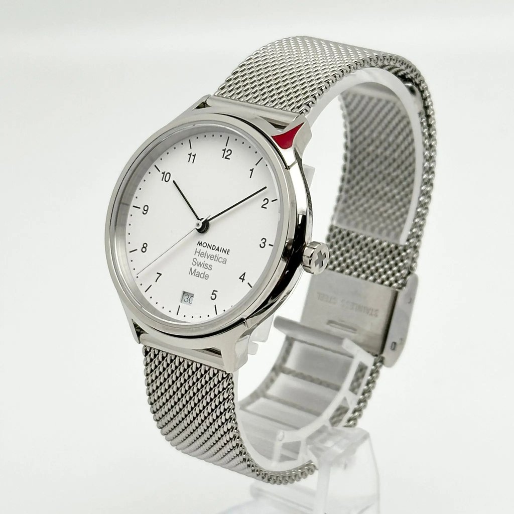 View Of Crown Facing Side Of Mondaine MH1.R1210.SM Stainless Steel Watch Display Model Condition