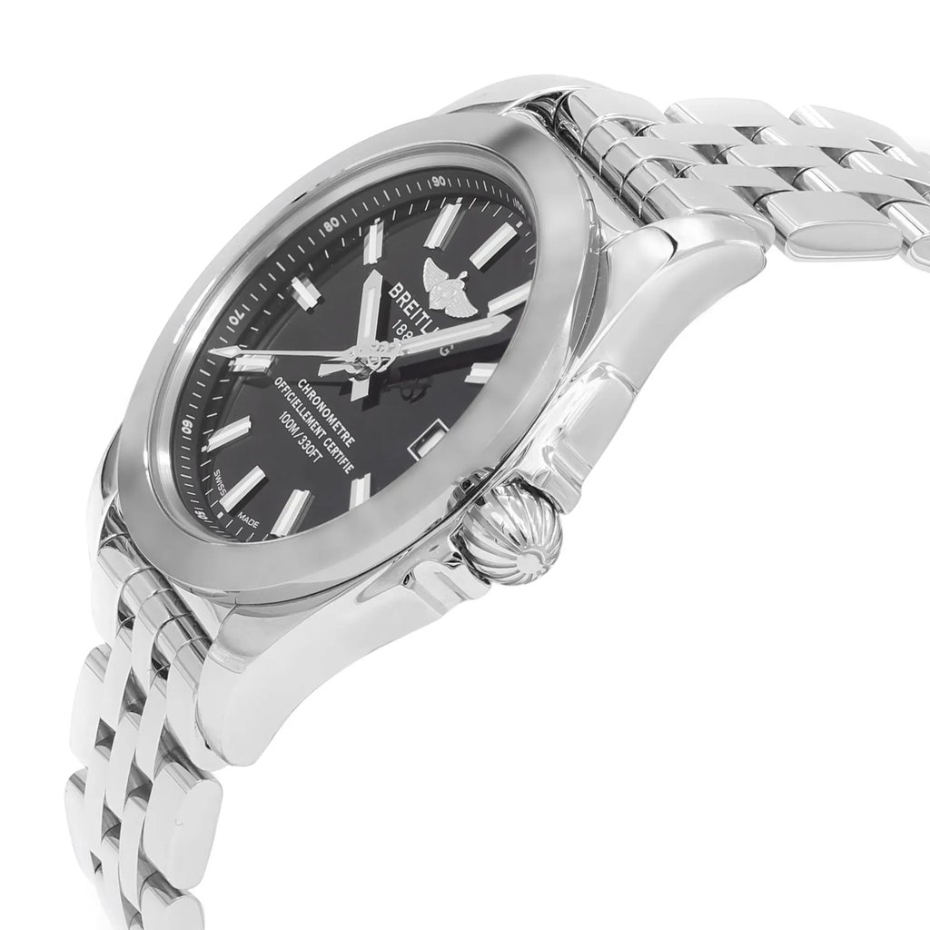 View Of Crown Facing Side Of Breitling W7433012/BE08-376A Stainless Steel Watch Display Model Condition