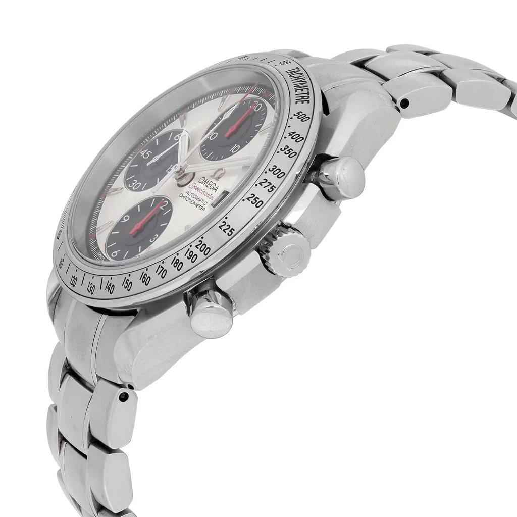 An image of a Wristwatch by OMEGA. This Pre Owned item is designed for Men, featuring a Casual style. It has a Mechanical (Automatic) movement and an Analog display with a Silver dial color. The indices include 12-Hour Dial,Multi Dial,Stick Indexes. The band is made of Stainless Steel and the case is made of Stainless Steel. The watch has a Round shape with a case size of 40 mm and a case thickness of 15 mm.