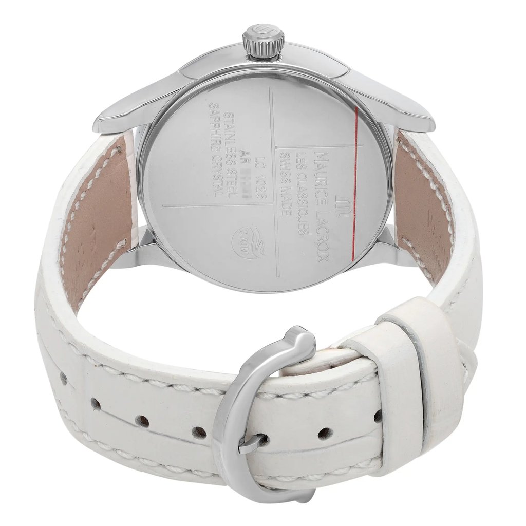 An image of a Wristwatch by Maurice Lacroix. This Unworn item is designed for Men, featuring a Luxury style. It has a Quartz movement and an Analog display with a White dial color. The indices include 12-Hour Dial,Diamond Markers. The band is made of Leather and the case is made of Stainless Steel. The watch has a Round shape with a case size of 33 mm and a case thickness of 8 mm.