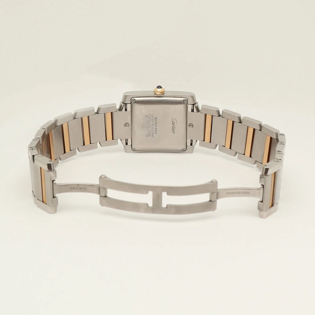 Back View Of Screwback Back Case And Open Stainless Steel Band Of Cartier W51005Q4 Watch Pre Owned Condition