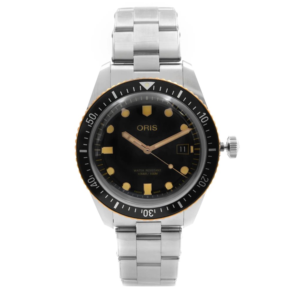 An image of a wristwatch taken from a front full frontal view. The watch is a display model, showcasing a stainless steel bracelet and a black dial with gold-tone markers and hands. The bezel is black with minute markings, and the watch features a date window. The image is taken at a close distance, highlighting the details of the watch face and bracelet.