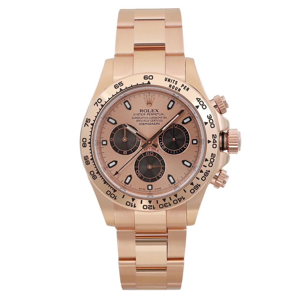 An image of a pre-owned men's luxury Rolex wristwatch, shown from a front full frontal view. The watch features a sundust dial with 12-hour indices and a rose gold bezel. The band and case are also made of rose gold, giving it a cohesive and elegant appearance. The round-shaped watch is in good condition and includes features such as a chronograph and luminous hands.