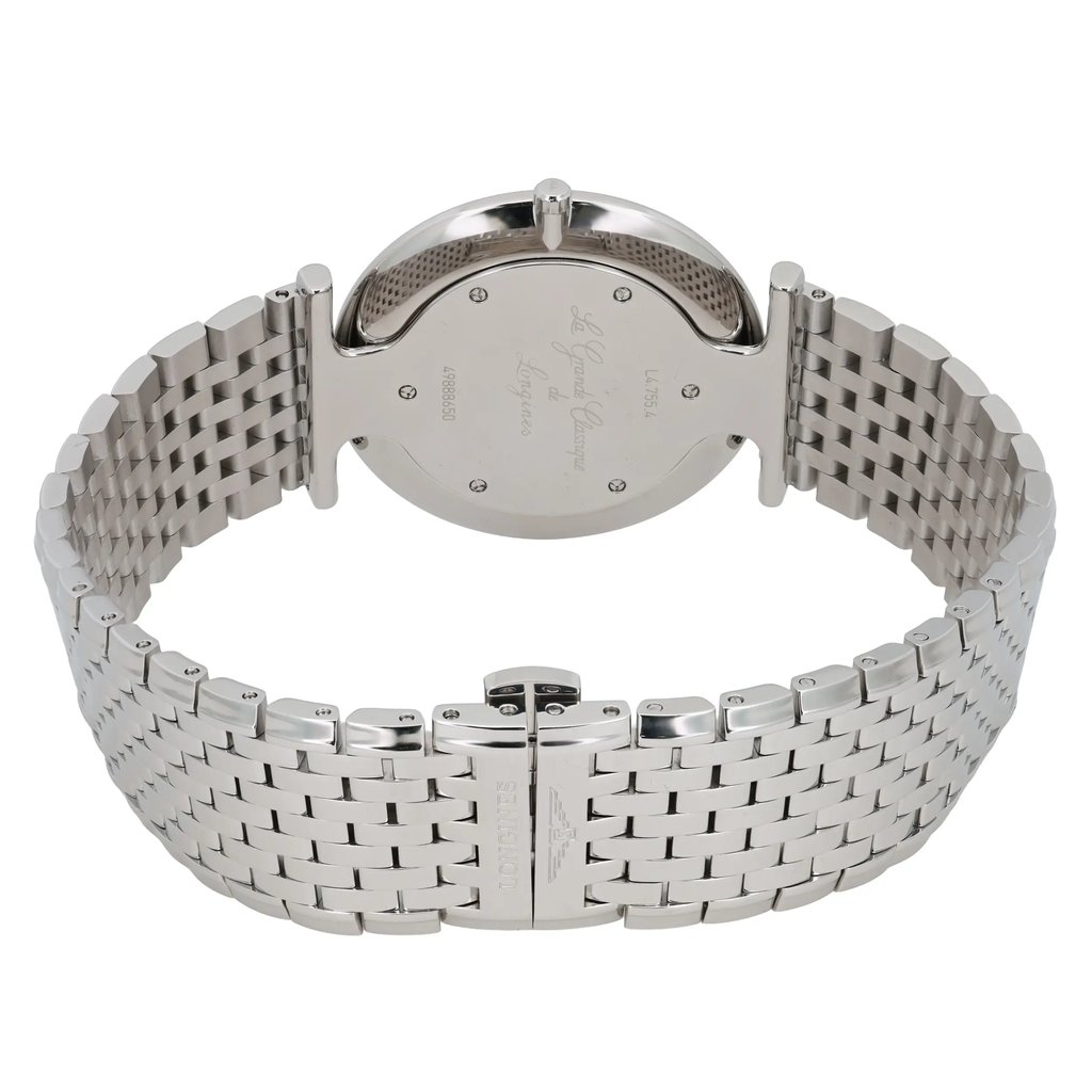 Back View Of Screwback Back Case And Closed Stainless Steel Band Of Longines L4.755.4.11.C Watch Unworn Condition