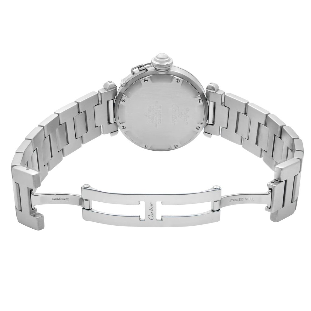 Back View Of Solid Back Case And Open Stainless Steel Band Of Cartier W31014M7 Watch Pre Owned Condition