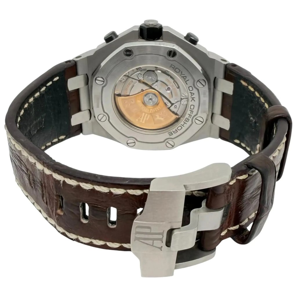 Back View Of Exhibition Back Case And Open Leather Band Of Audemars Piguet 26470ST Watch Pre Owned Condition