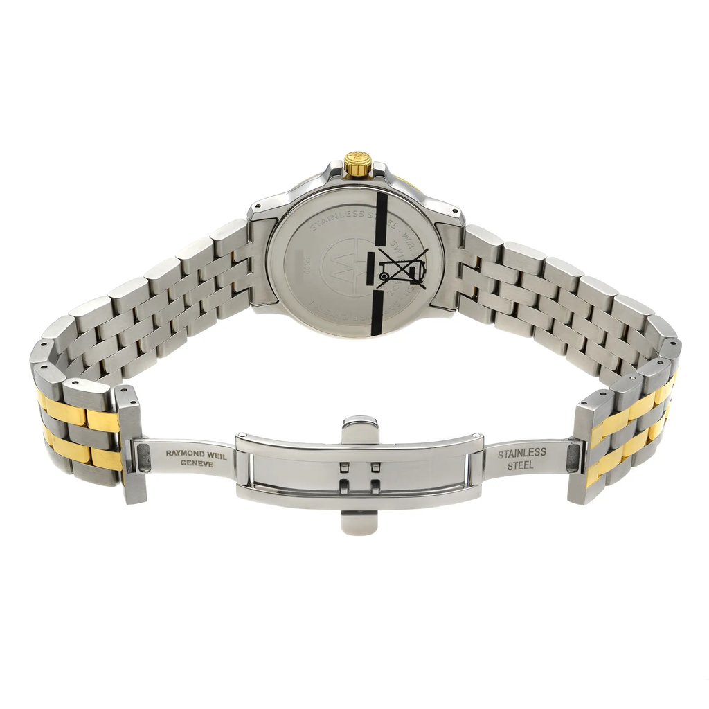Back View Of Snap Back Case And Open Stainless Steel Band Of RAYMOND WEIL 5599-STP-00308 Watch Pre Owned Condition