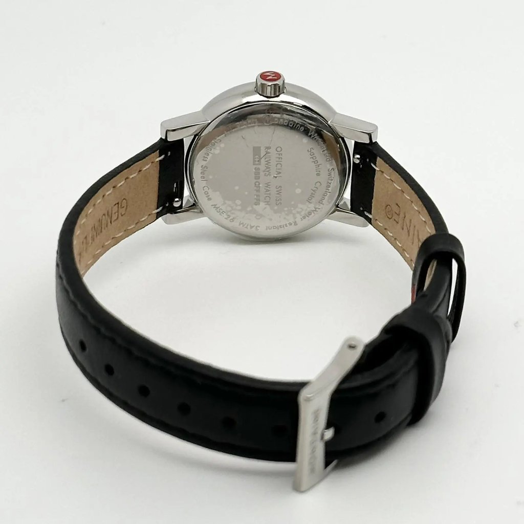 Back View Of Solid Back Case And Closed Leather Band Of Mondaine MSE.26110.LB Watch Display Model Condition