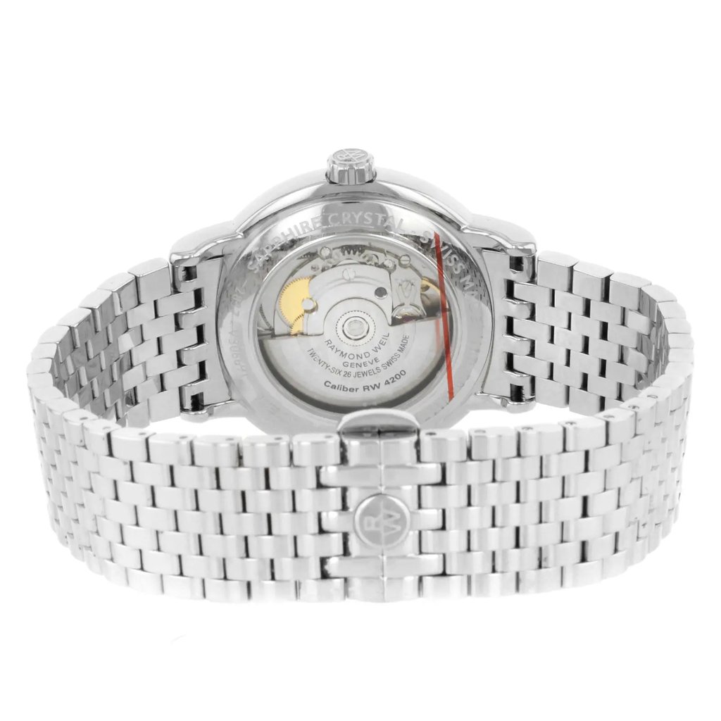 Back View Of Exhibition Back Case And Closed Stainless Steel Band Of RAYMOND WEIL 2837-ST-00609 Watch Display Model Condition