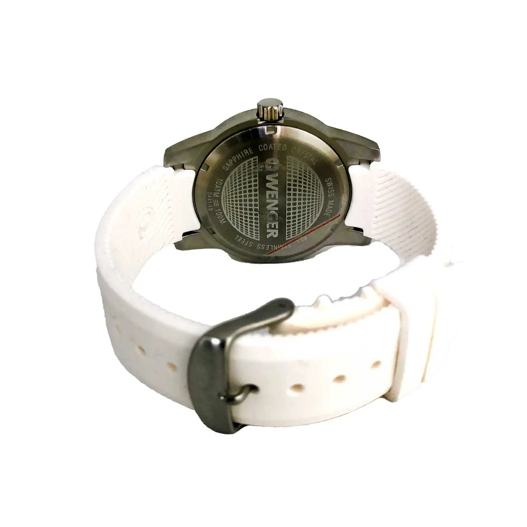 Back View Of Screwback Back Case And Closed Rubber Band Of Wenger 01.0441.147 Watch Display Model Condition