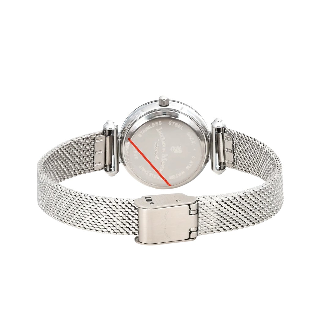 An image of a Wristwatch by Jacques du Manoir. This Unworn item is designed for Women, featuring a Dress/Formal style. It has a Quartz movement and an Analog display with a Black dial color. The indices include 12-Hour Dial,Diamond Markers. The band is made of Stainless Steel,Mesh and the case is made of Stainless Steel. The watch has a Round shape with a case size of 26 mm and a case thickness of 8 mm.