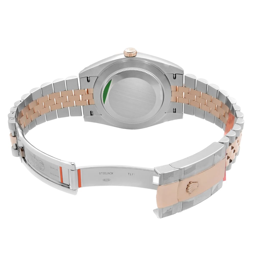 Back View Of Solid Back Case And Open Rose Gold,Stainless Steel Band Of Rolex 126301 Watch New Condition