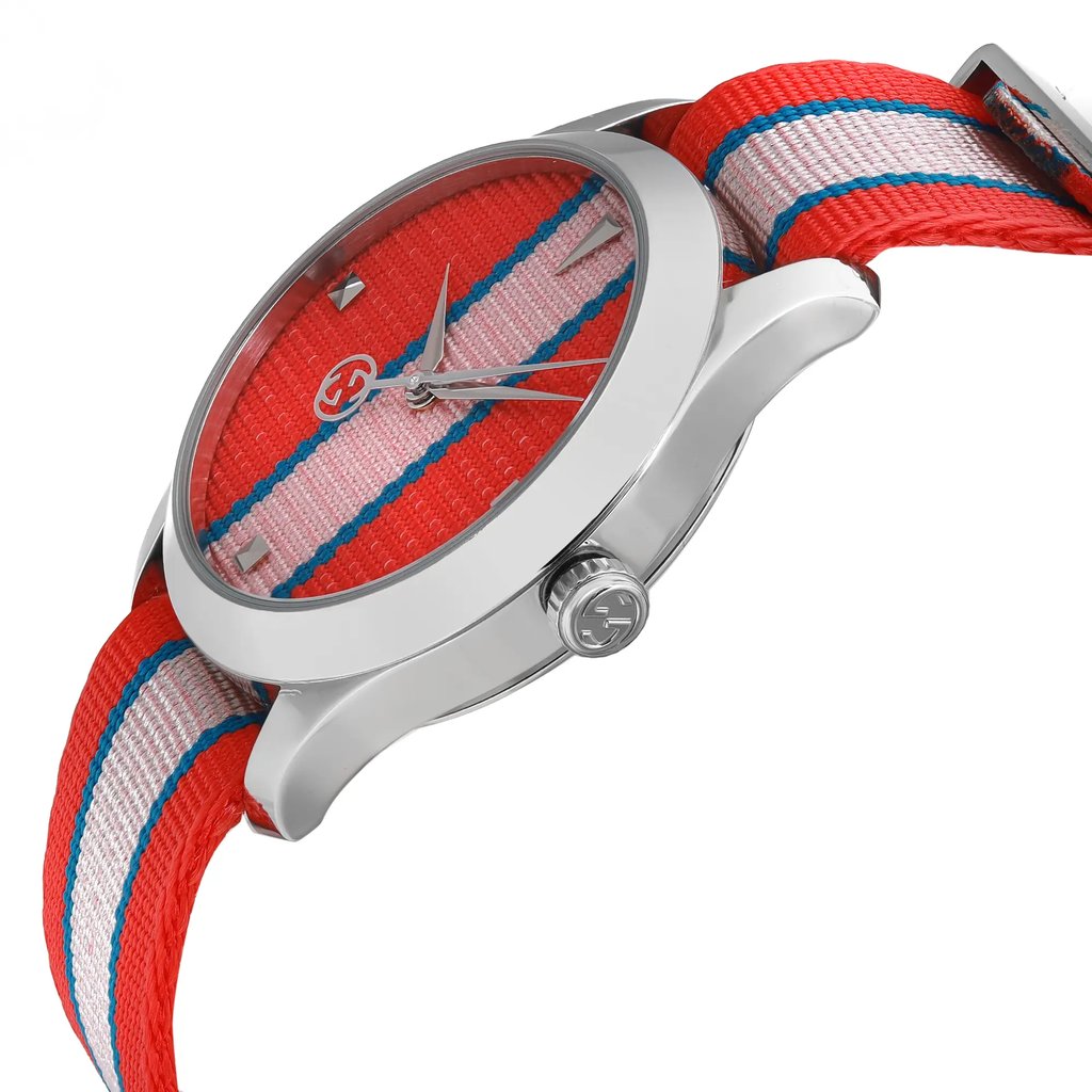 View Of Crown Facing Side Of Gucci YA1264070 Stainless Steel Watch New With Defects Condition