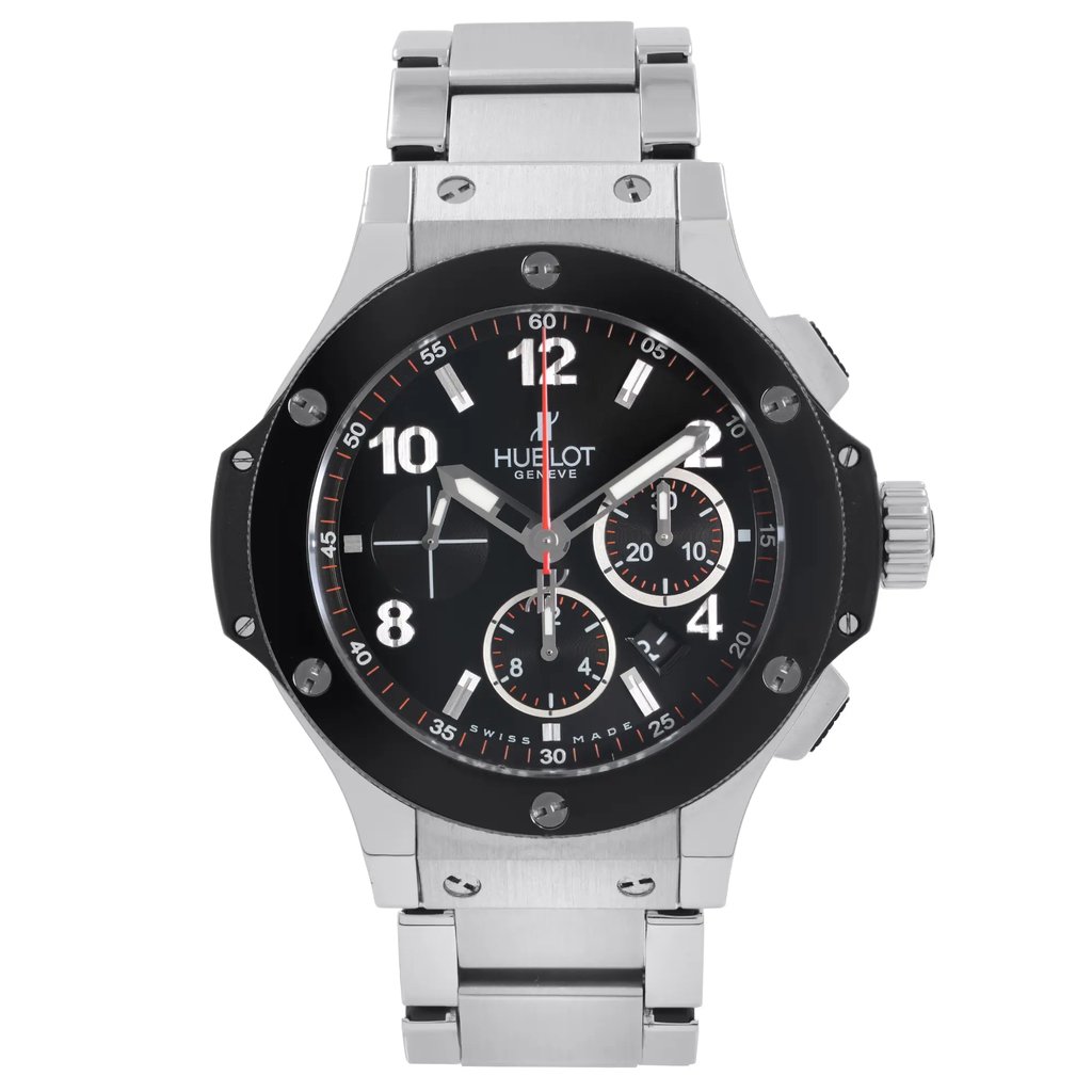 An image of a pre-owned wristwatch captured from a front full frontal view. The watch features a metallic strap and a black dial with multiple sub-dials, numerals, and three hands. The crown and pushers are visible on the right side. The watch is centered, showing its detailed design and condition clearly.