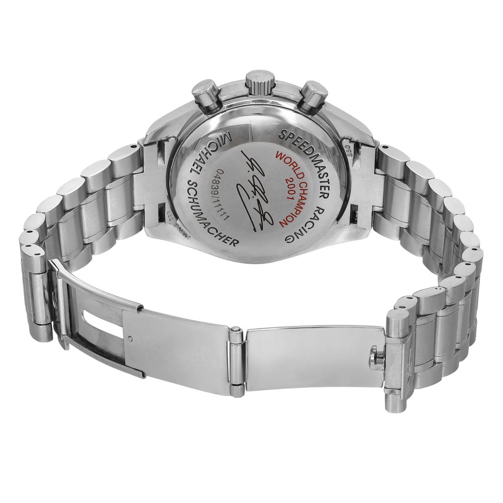 An image of a pre-owned OMEGA men's wristwatch in stainless steel, showcasing the back view with the screwback caseback and an open single fold-over clasp with a push button. The watch is positioned at a slight angle with the caseback centered and the clasp extended to the right, making the engraved details on the caseback legible. The watch has a round shape, and the photo is taken from a close distance to emphasize the details and condition of the watch.