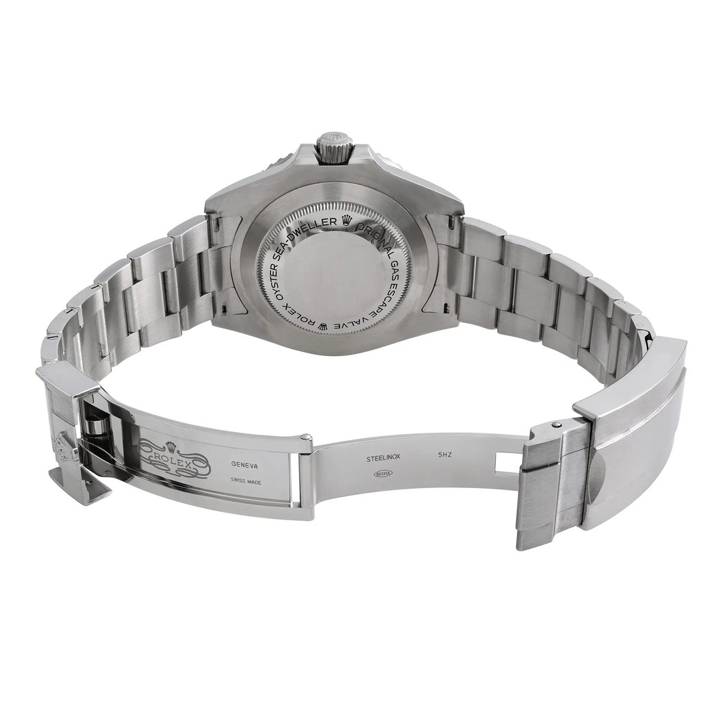 Back View Of Solid Back Case And Open Stainless Steel Band Of Rolex 126600 Watch Pre Owned Condition