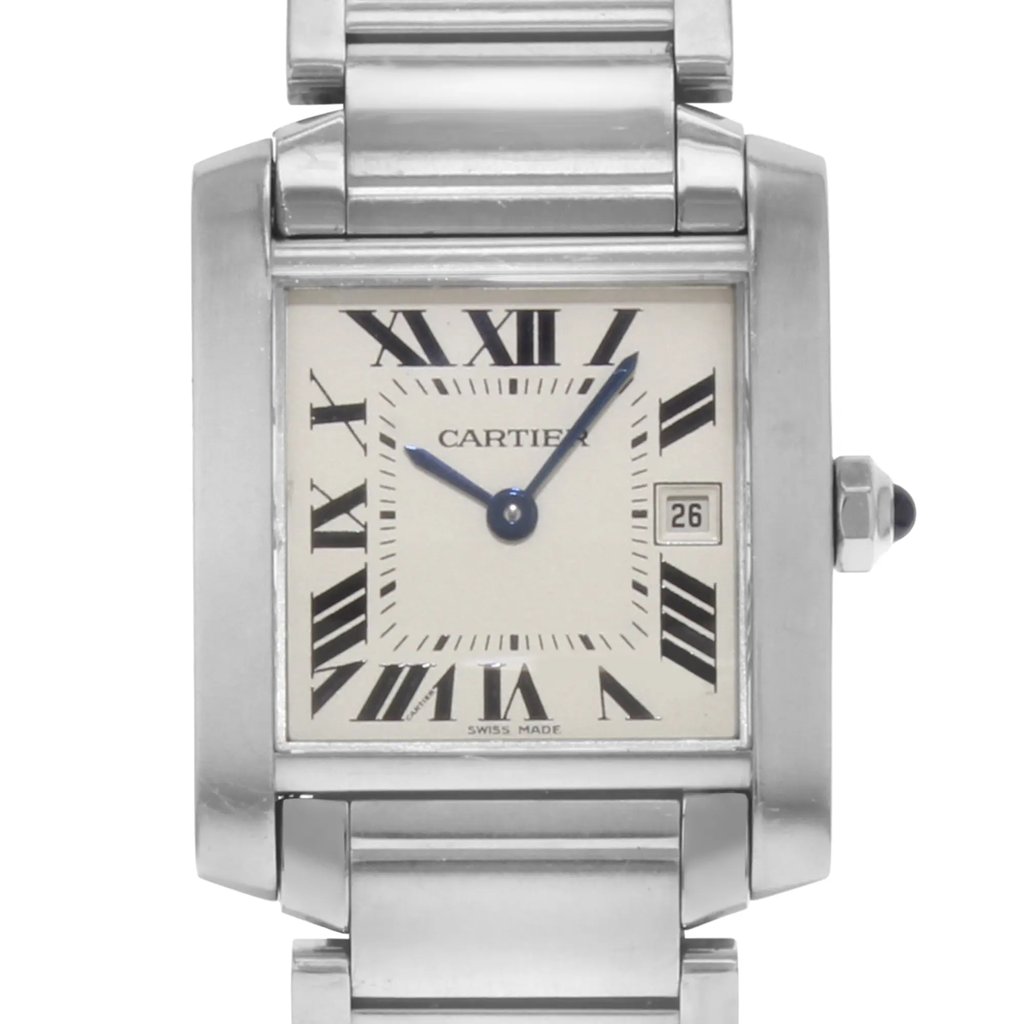 An image of a pre-owned Cartier women's wristwatch taken from a straight-on angle. The watch features a stainless steel bracelet and a square face with Roman numerals. The hands are blue, and there is a date indicator at the 3 o'clock position. The brand name "Cartier" is visible on the face. The photo is taken at a close distance, capturing the details clearly.