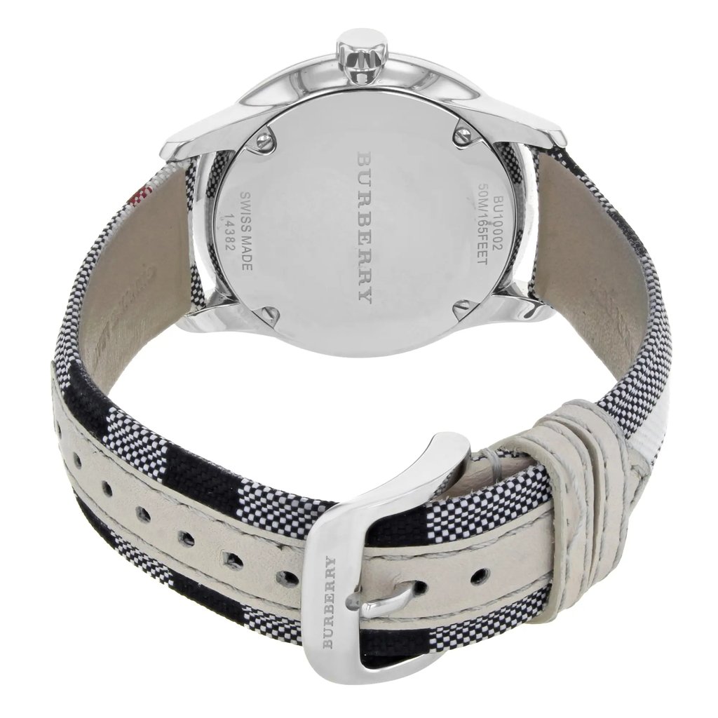 Back View Of Screwback Back Case And Closed Leather Band Of Burberry BU10002 Watch Pre Owned Condition