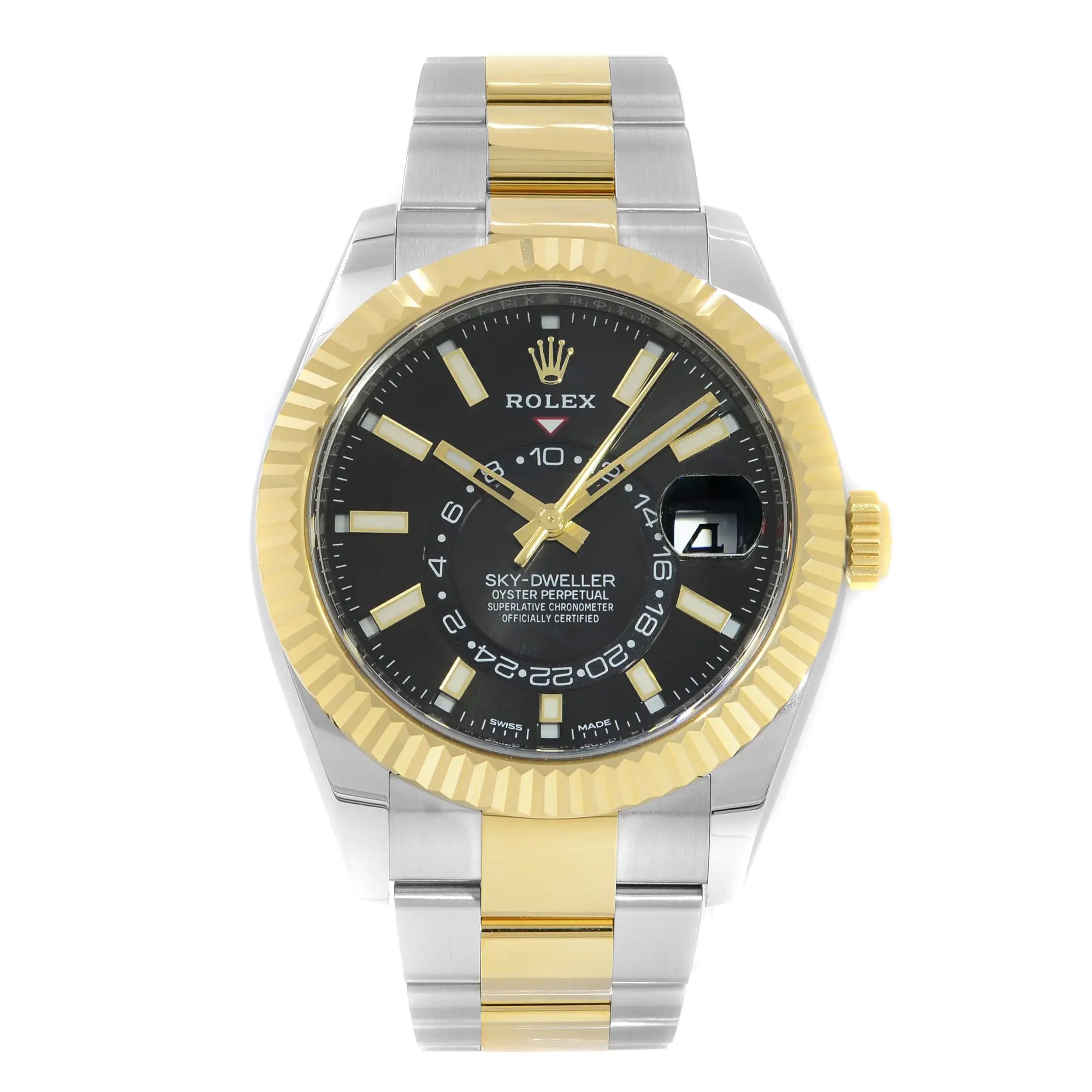 An image of a men's luxury Rolex wristwatch in excellent pre-owned condition, displayed from a front full frontal view. The watch features a round black dial with a gold bezel and a stainless steel band. It includes a date indicator and GMT feature. The band has gold accents, complementing the gold bezel, and the overall style is elegant and sophisticated.