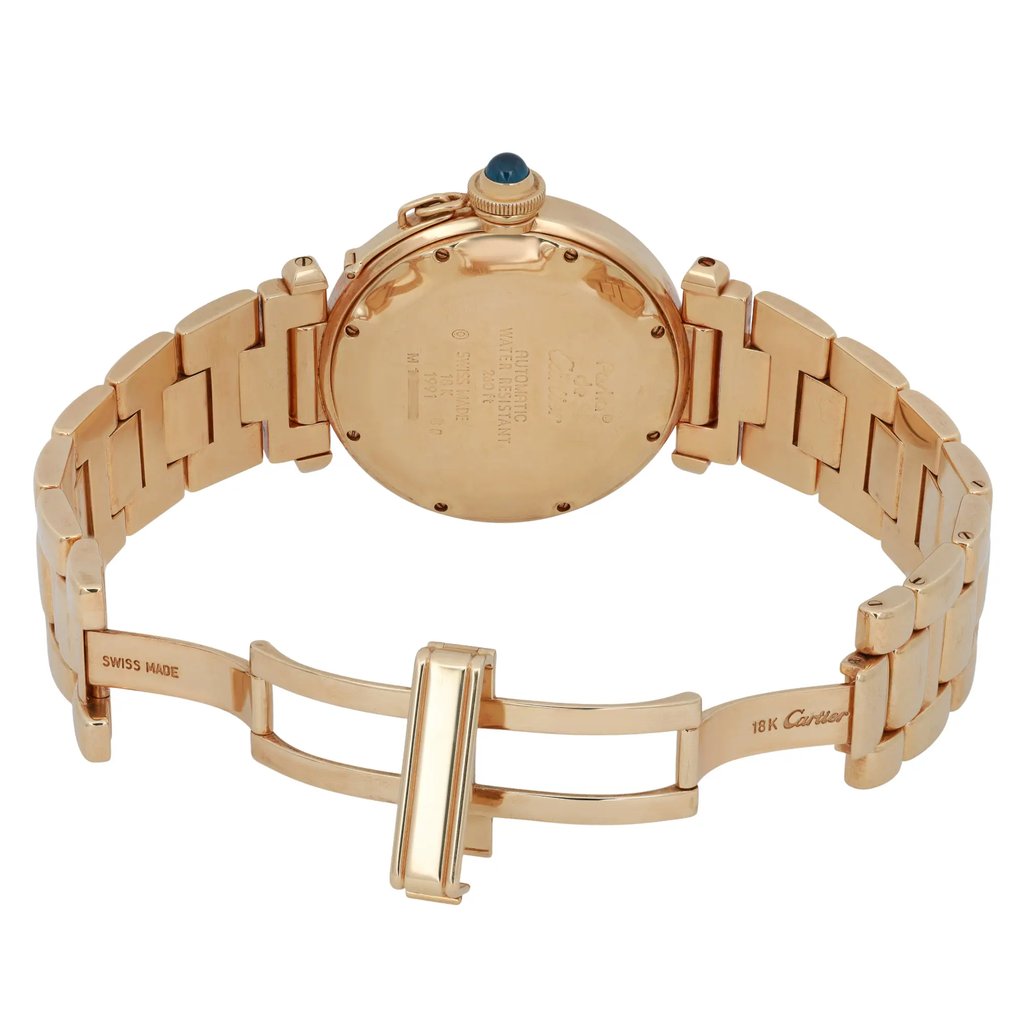 An image of a pre-owned Cartier men's wristwatch taken from a rear angle, showcasing the back of the watch case and the metal bracelet. The watch is positioned upright with the clasp open, revealing details like the brand engraving and 18K gold marking. The photo is taken at a close distance to highlight the craftsmanship and material quality.