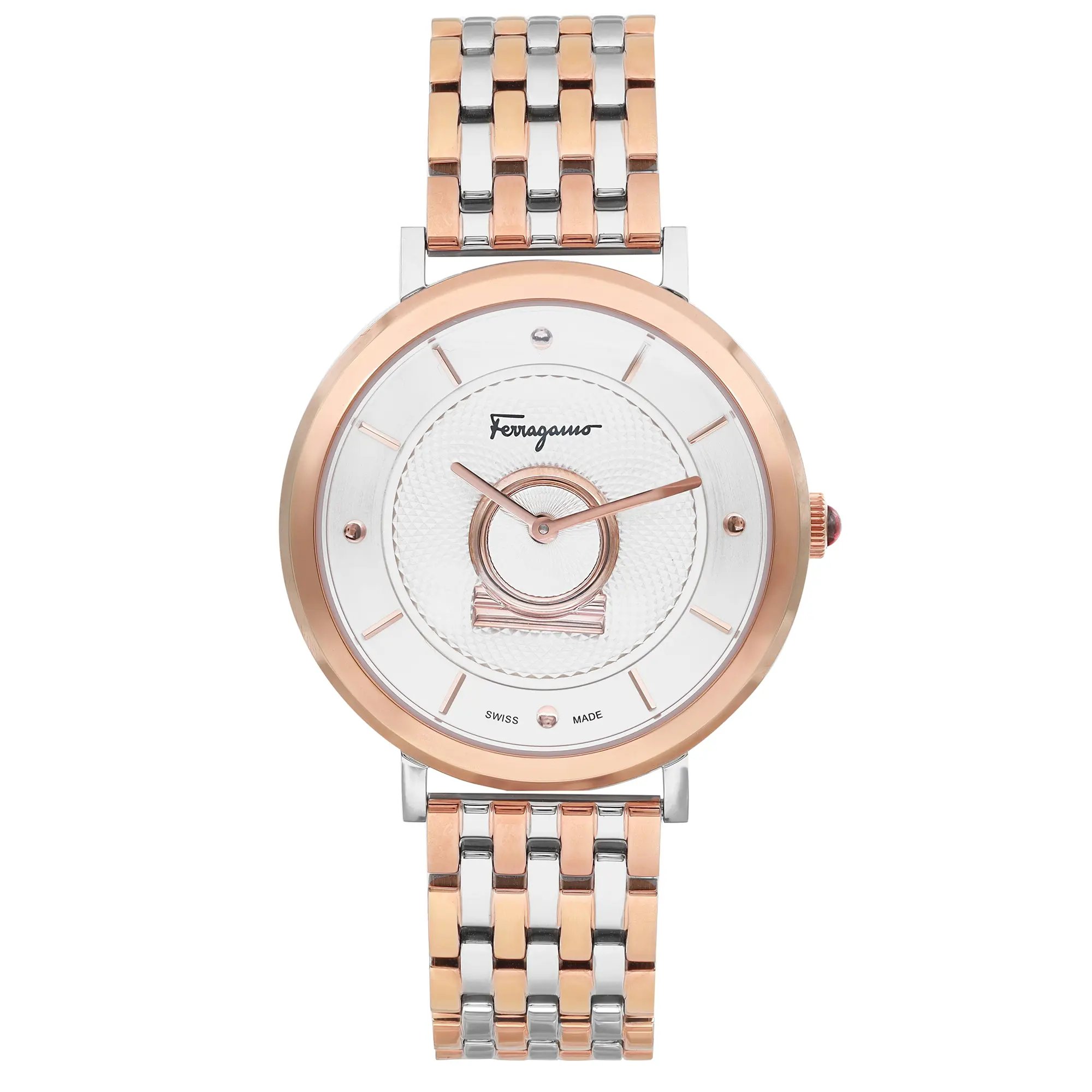 An image of a Wristwatch by Ferragamo. This Unworn item is designed for Women, featuring a Casual style. It has a Quartz movement and an Analog display with a Silver dial color. The indices include 12-Hour Dial,Stick Indexes. The band is made of Stainless Steel and the case is made of Stainless Steel. The watch has a Round shape with a case size of 36 mm and a case thickness of 10 mm.